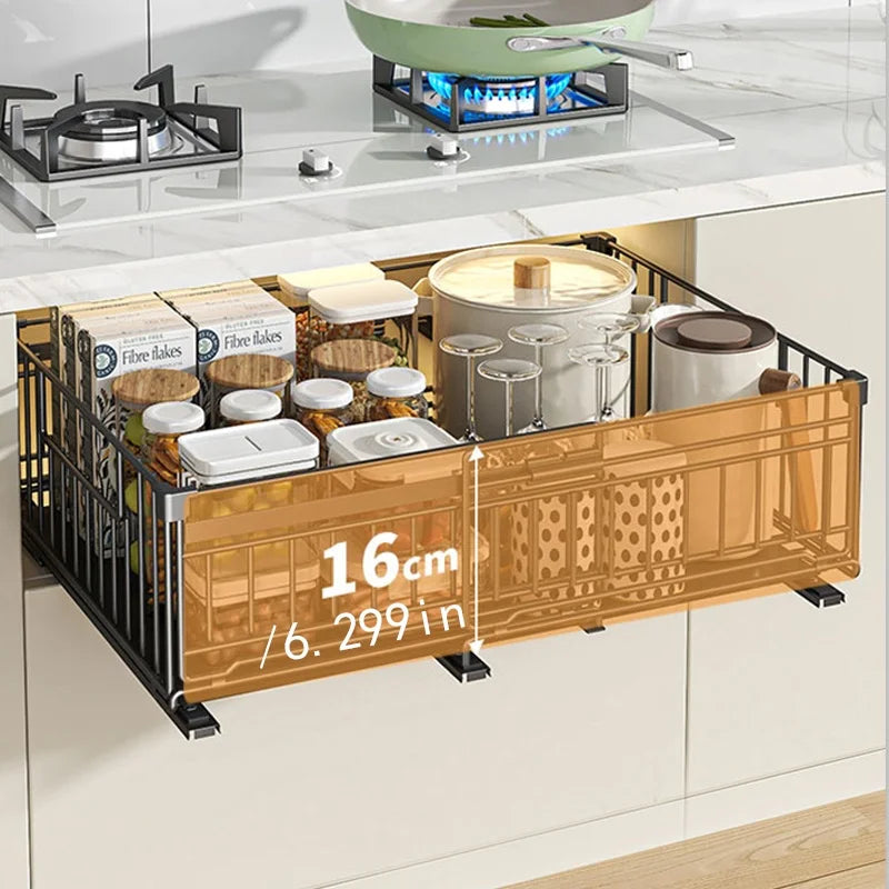 Kitchen Organizer-Adjustable Pull-Out Shelf, Space-Saving Cabinet Storage System with Sturdy Metal Construction, Black